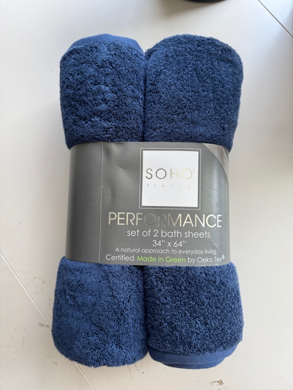 BATH SHEETS SOHO Living Performance  - Navy Blue Set of 2. 24”x64” NWT